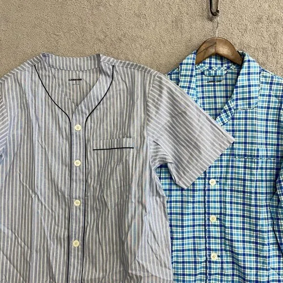 NEW Lands' End Men's M Pajama Top Set Blue Striped & Plaid Cotton Long Sleeve - Picture 2 of 7